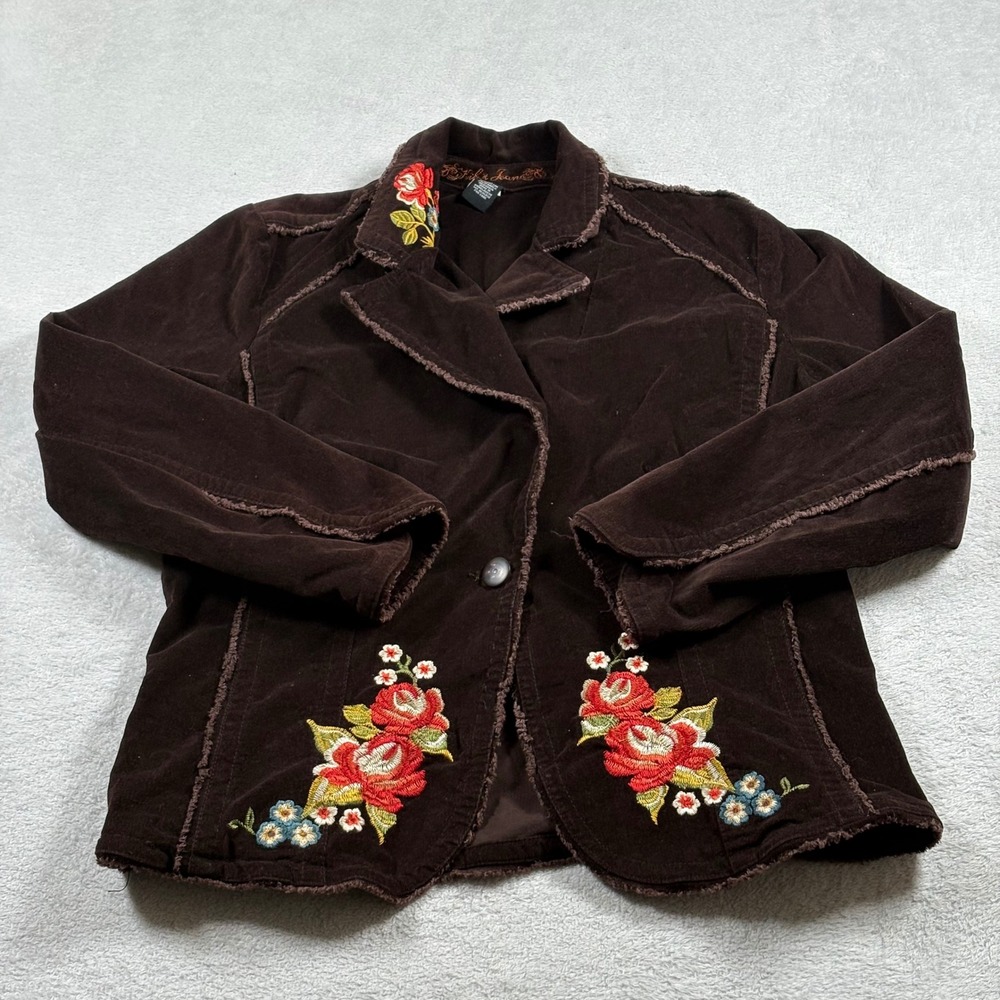Kikit Jeans Vintage Floral Embroidered Brown Corduroy Jacket Boho Size XL